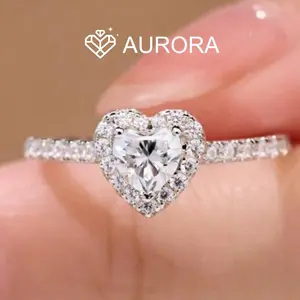 【#176 Cupid 】Heart shape Full Moissanite main stone and side stone rings  with 925 sterling silver Synthetic Moissanite