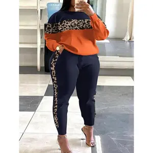 【Plus Size】 Two-Piece Set Colorblock Leopard Print Sweatshirt & Elastic Waist Tie Front Sweatpants Set, Casual Round Neck Long Sleeve Pullover & Pocket Jogger Pants, Women's Fall & Winter Clothes