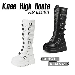 Womens Wedge Platform Knee High Boots High Heel Round-Toe Zip Punk Goth Mid Calf Combat Boots For Women Winter Boots