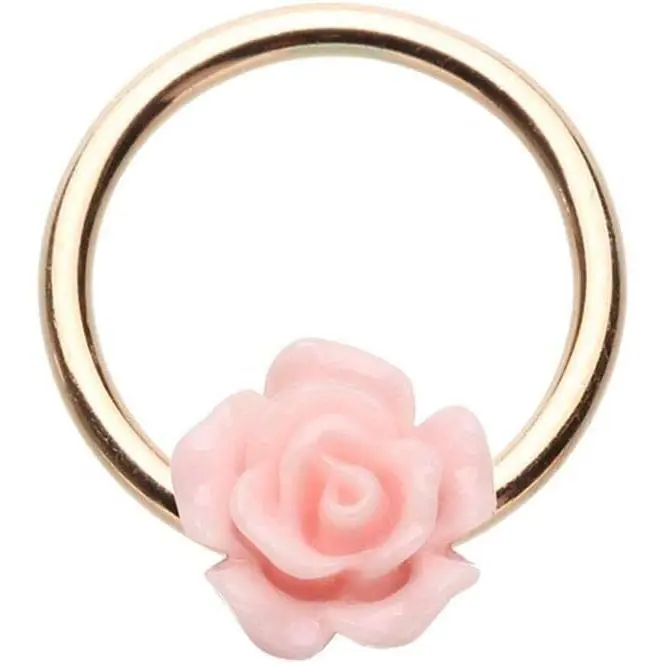 16GA Rose Gold Plated Stainless Steel Pink Rose Flower Septum Cartilage Helix Tragus Daith Captive Bead Ring