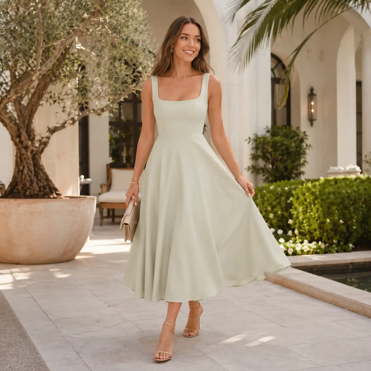 Women Sleeveless Square Neck A-Line Midi Dress With Side Pockets Solid Flowy Back Tie Slim Fit Summer Dress Wedding Guest Party Vacation Daily Casual Dress