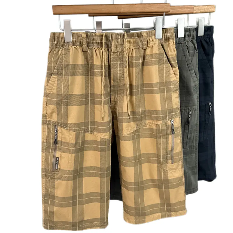 Men's Plaid Patchwork Cotton Shorts, Retro Street Style with Multiple Pockets, Lightweight & Breathable for Summer