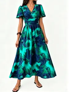 Women's Bohemian Chic Floral Long Dress Elastic Waist Design Flowy Swing Hem Soft Airy Fabric Elegant Casual Maxi Dress For Outdoor Holiday Daily Social Formal Events