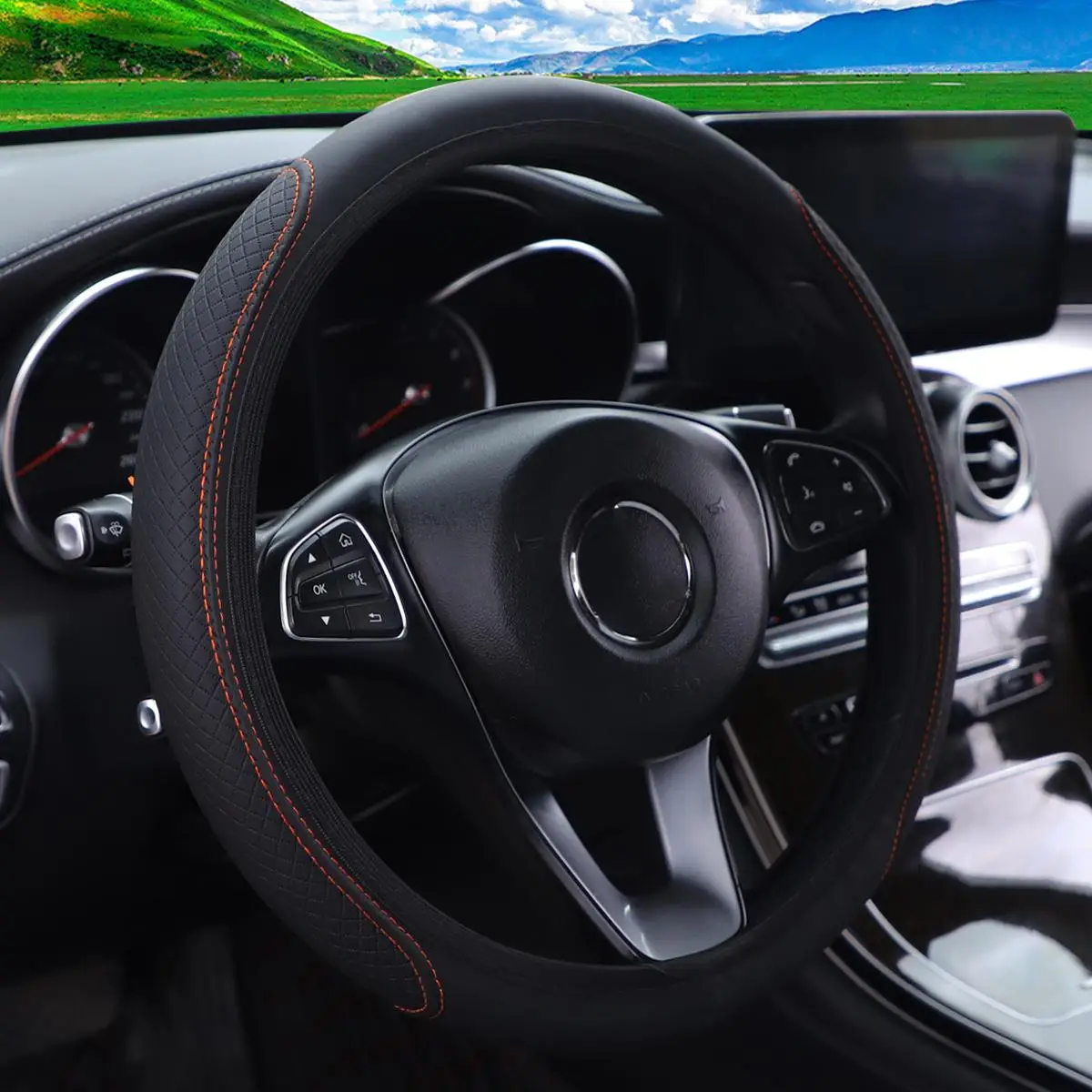 Car Steering Wheel Cover, Universal Non-slip Protector Cover for 14.5-15 Inch Steering Wheel, Waterproof Steering Wheel Cover without Inner Ring, Car