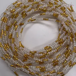 Summer Body Goals Waist Beads - Adjustable Stretchy String for Women, Comfortable Fit, Fits Waist Sizes 0-8, White & Gold Beads