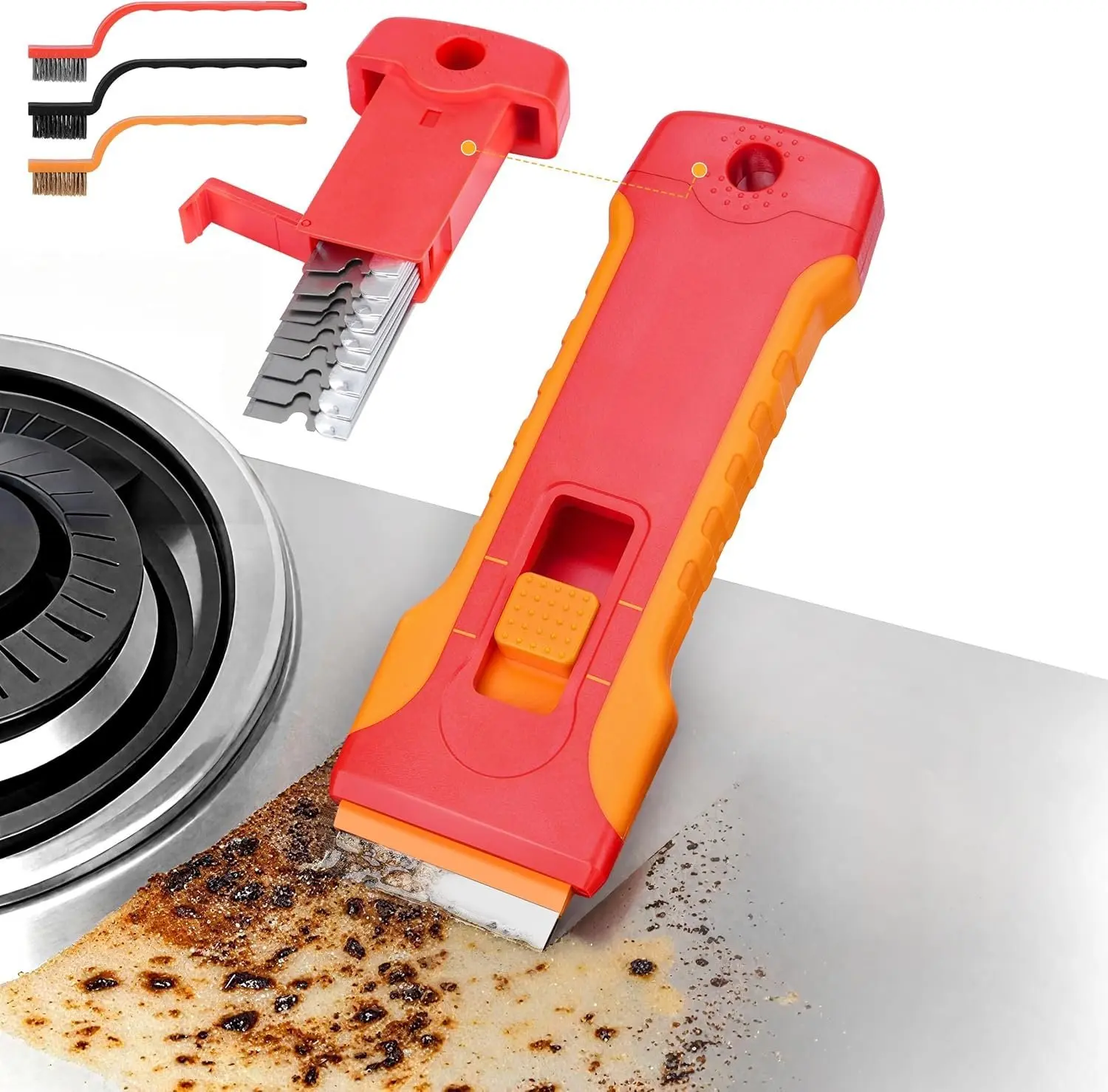 Upgraded Razor  Scraper with 10 count  and 3 count small wire brushes,Scraper Tool for Cleaning Glass Window, Cooktop, Oven, Stove Scraper, Razor Scraper with Buit-In  Storage, Orange