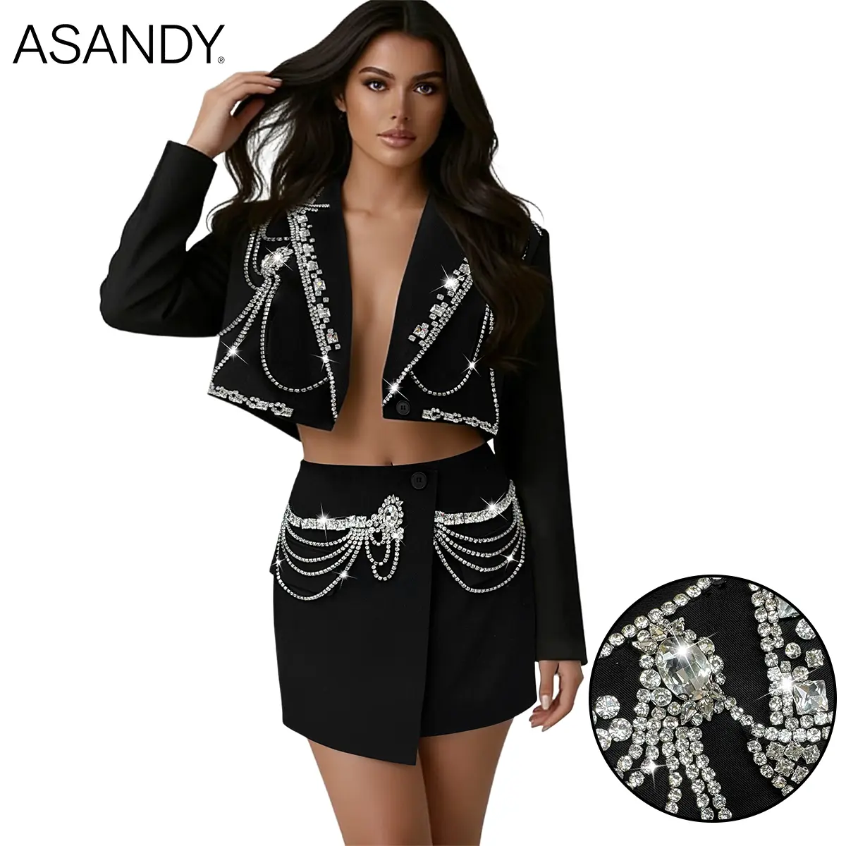 ASANDY Women’s Rhinestone Chain Two-Piece Suit – Cropped Blazer & Wrap Mini Skirt Set, Sexy Club & Party Outfit