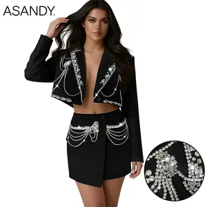 ASANDY Women’s Rhinestone Chain Two-Piece Suit – Cropped Blazer & Wrap Mini Skirt Set, Sexy Club & Party Outfit