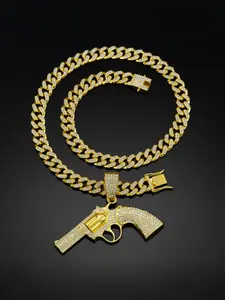 Valentine's Day Gift, Hip Hop Full Diamond Revolver Model Pendant Necklace, Alloy Chain, Cuban Link Design, Street Trend Artisan Jewelry, Unique Fashion Accessory