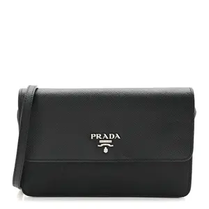 Pre-owned PRADA Leather Shoulder Bags Saffiano Metal Flap Wallet With Strap Black