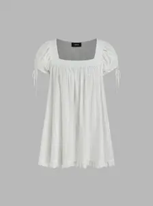 100% Recycled Cotton Square Neck Solid Ruffle Knotted Short Sleeve Blouse