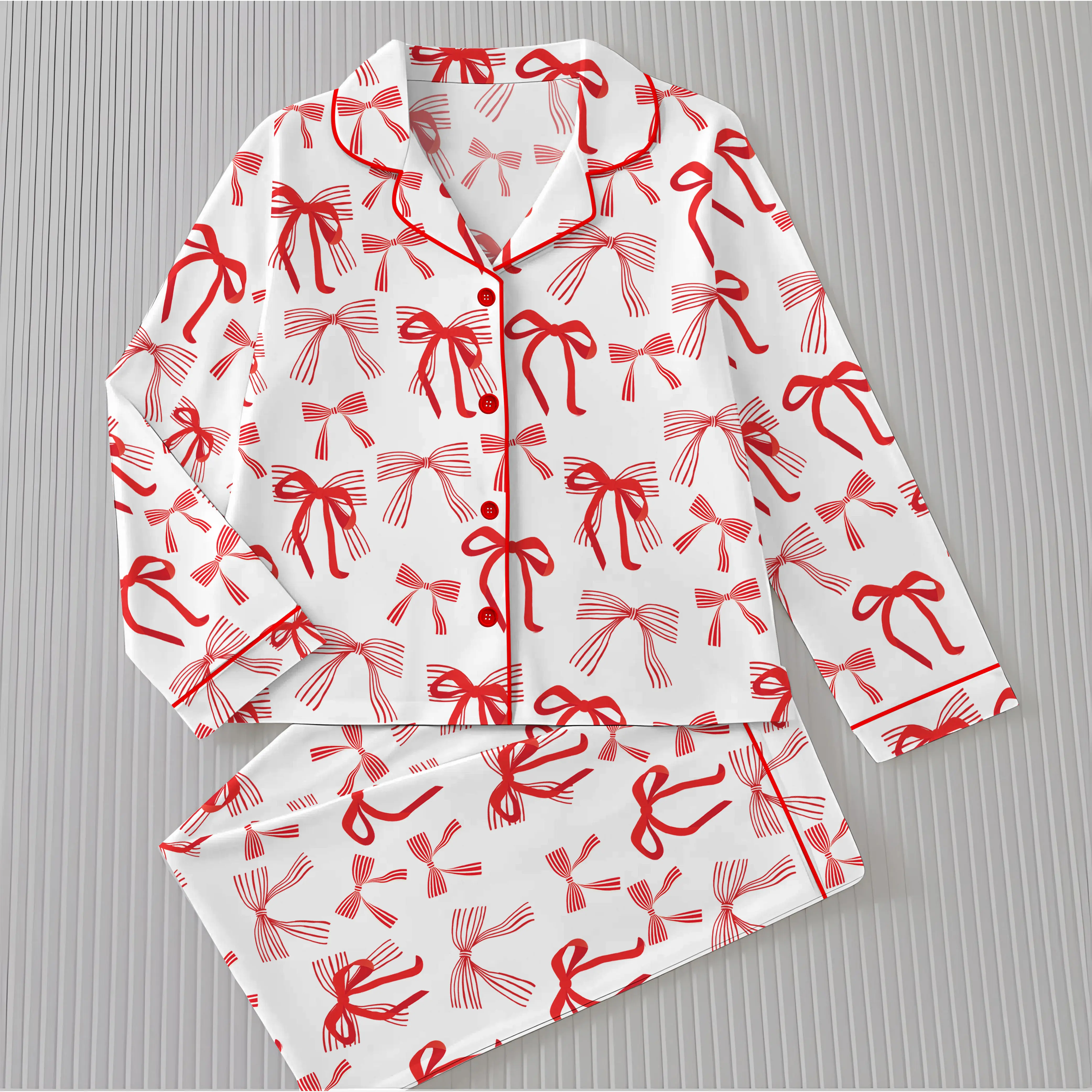 Red Bow Pajama Set for Women ,Mama Pajamas, Mom Gift, Cute Holiday Loungewear Long Sleeve Button-Up Top and Pants for Festive Morning Outfit