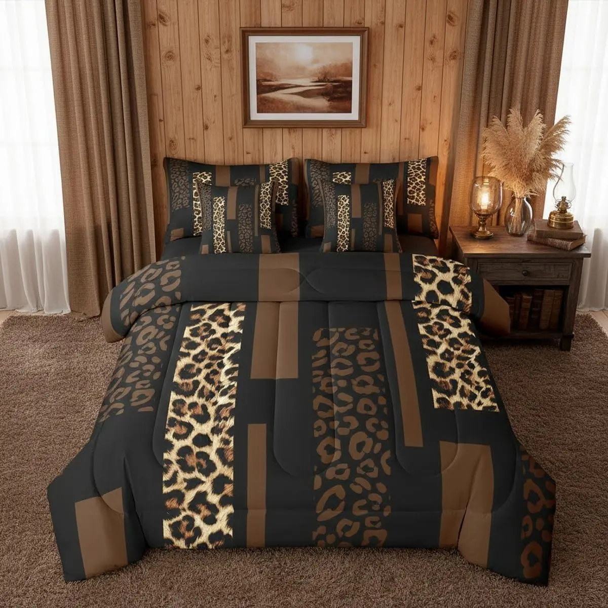 Brown Cheetah Print Bedding Set Modern Striped Leopard Comforter Set 7 Piece Abstract Animal Skin Texture Bed in A Bag Farmhouse Geometric Leopard Art Quilt with Flat Fitted Sheet