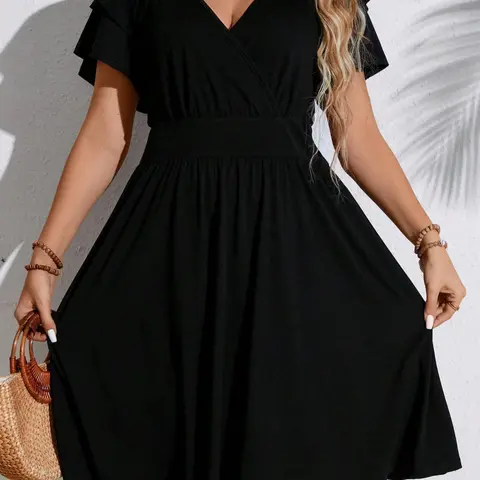 [Plus Size] Solid Color V Neck Dress, Fashion Elegant Flattering Dress for Wedding Guest, Women's Summer Clothing, Casual Wear