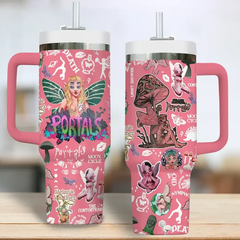 [DrCup] Melanie Martinez Portals 40oz/20oz Tumbler with Handle & Straw, Stainless Steel Double Wall Vacuum Insulated Travel Mug, Fairy Aesthetic Pink Mushroom Fantasy Edition, Keeps Drinks Hot & Cold, Fits Car Cup Holder, Gift for Music Fans