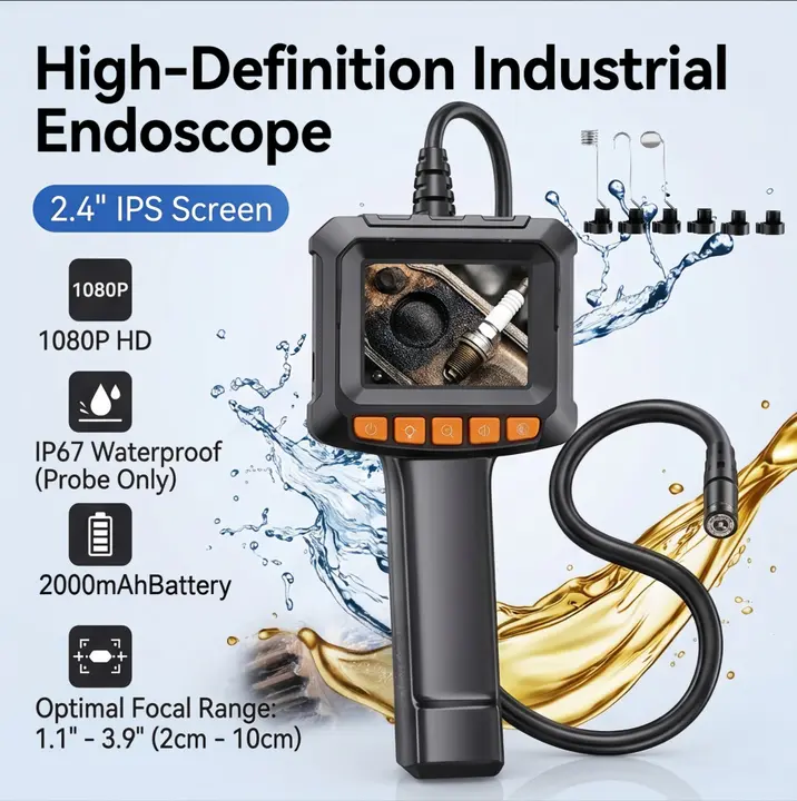 HD 1080P Endoscope Camera for Car Inspection, 2.4" LCD Borescope with 16.5FT Cable, IP67 Waterproof Auto Repair Tool with 8 LED Lights for Mechanics & DIY