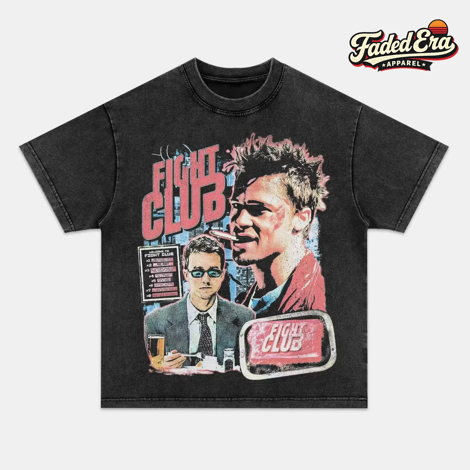 Men's Fight Club 1999 Vintage Graphic Cotton Tee - Menswear, Shortsleeve, Soft, Round Neck, Breathable Casual Fabric, Retro Movie Collage Print, Black Washed, Unisex Cult Cinema Fan Gift, S-3XL, Tank Top Option