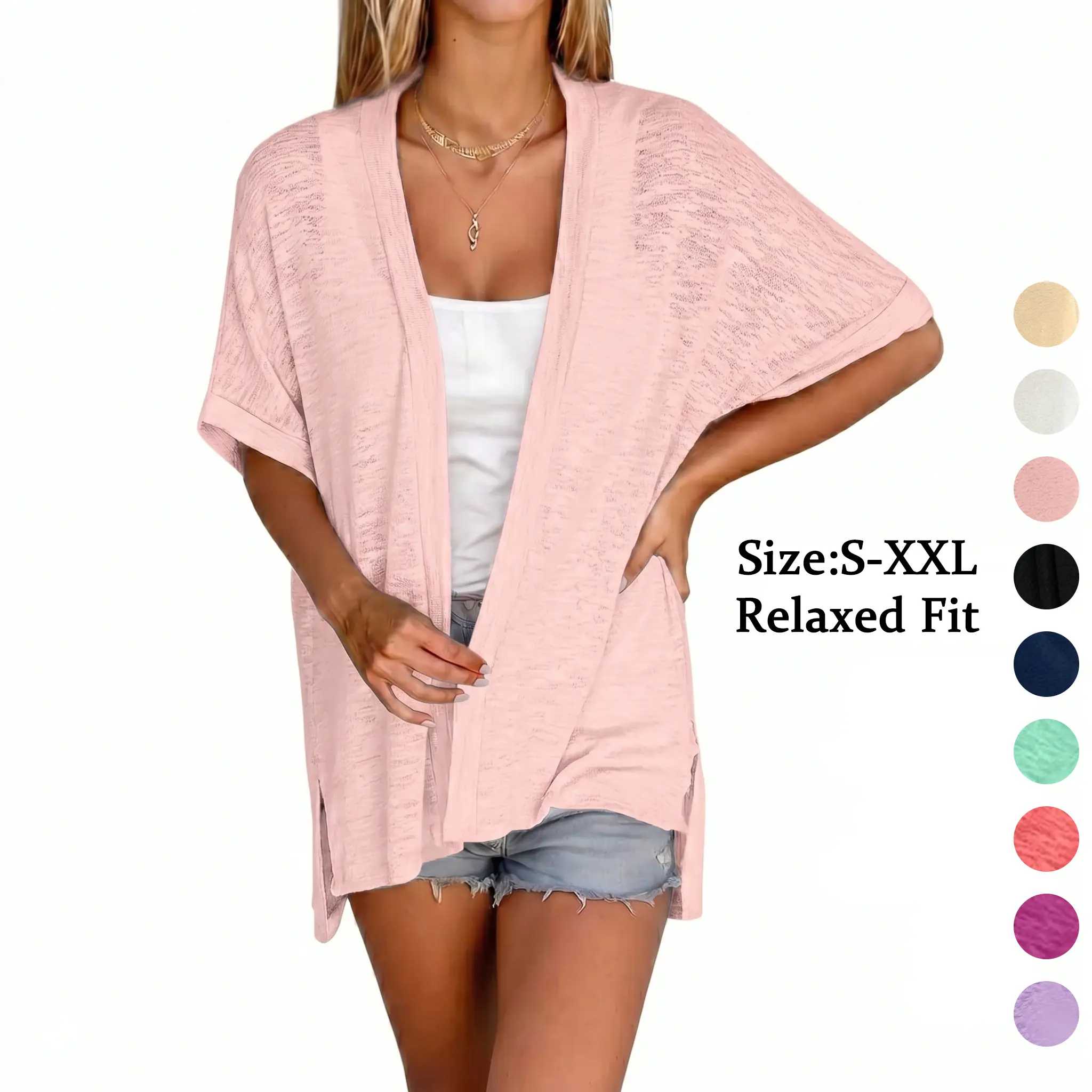 Women's Minimalist Oversized Batwing Short-Sleeve Cotton Blend Medium-Length Knit Kimono Cardigan - Open-Front, Baggy, Comfy, Dressy Basic Outwear, Plus Size XXL Summer Beach Coverup Clothes