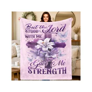 Religious Inspirational Verse Flannel Blanket - Soft Lavender & White Lilies With Cross & "But The Lord Stood With Me" Scripture, All-Season Cozy Throw For Bed, Sofa, Camping, Church Events, Pet-Friendly Gift (Pink/Purple, Multi-30*40in