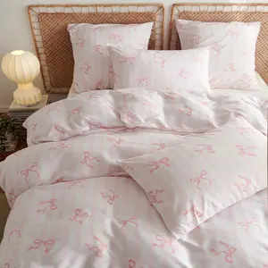 Twin size pink striped bedding set for kids girls with bowknot, cute vertical stripes, soft breathable microfiber comforter cover with zipper closure and 1 pillowcase