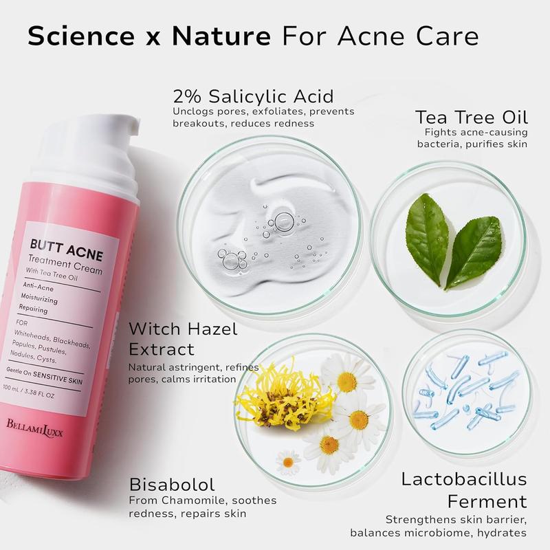 BellamiLuxx Butt Acne Clearing Treatment Cream: Body Acne Treatment for Folliculitis and Pimples on Buttocks, Thighs With 2% Salicylic Acid & Tea Tree Oil - Butt Cream for Smooth Skin