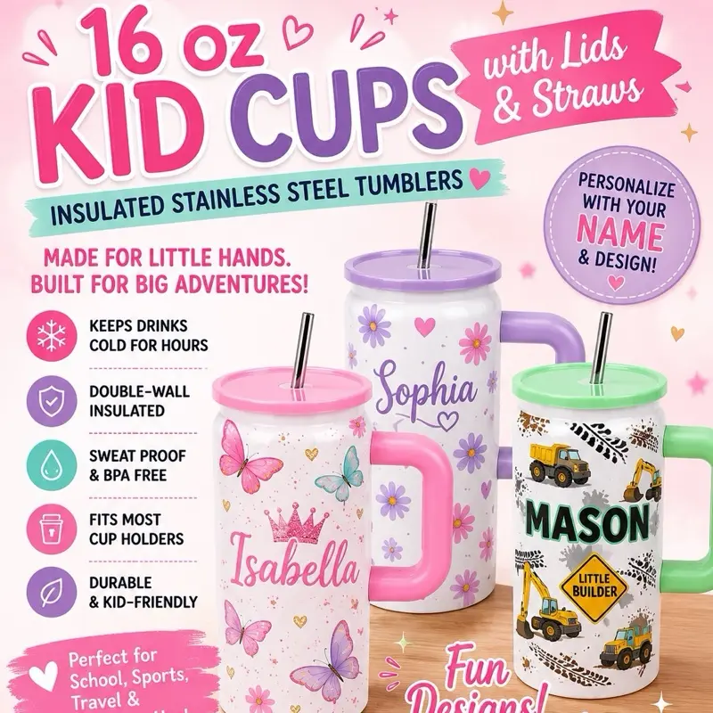 16 oz Kids Insulated Stainless Steel Tumbler with Lid & Handle