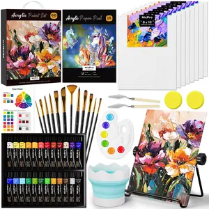 Nicpro 68Pack Acrylic Paint Canvas Set for Adults & Kids, Art Painting Supplies Kit with 24 Paints,Table Easel,8 Canvas Panels,12 Brushes,Paper Pad,Cleaning Cup,Sponge,Palette for Artist Beginner
