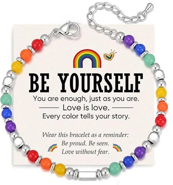 Rainbow Pride Beaded Bracelet – "Be Yourself" Waterproof Stainless Steel Bracelet for Men & Women, LGBT Pride Friendship Gift with Gift Bag