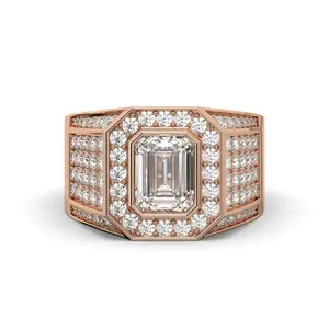 Men's 10K/14K Rose Gold VVS Lab Diamond Ring Emerald Cut & Round Halo D-F Color Fully Customizable