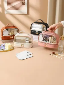 Women's PU PVC Transparent Window Makeup Bag, Waterproof Travel Organizer, Large Capacity Cosmetic Storage, Ideal Gift for Valentine's Day