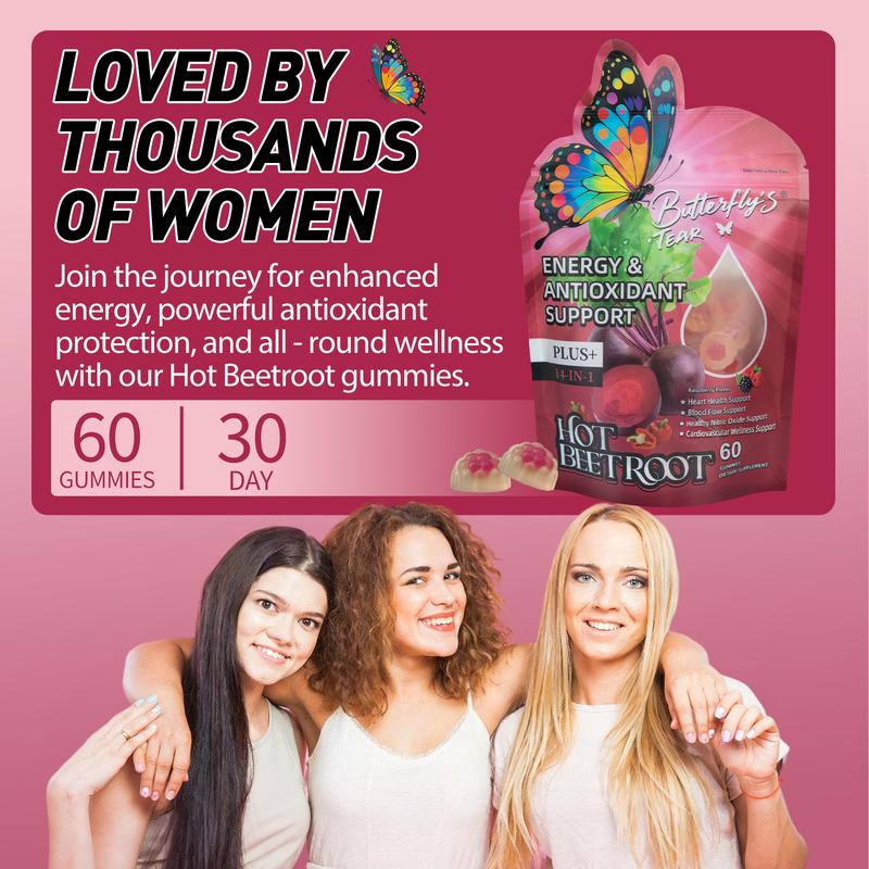 Butterfly’s Tear Hot Beetroot Gummies – Beet Root, Cayenne, Turmeric & Cinnamon for Cardiovascular, Brain & Focus Support – 60 Gummies
