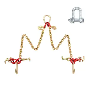 G80 V Bridle Chain, 5/16" x 3' Towing Chain Bridle with R Hooks, T Hooks, J Hooks and Grab Hooks, Transport Tow Chain Bridle with 10800 lbs Safe Working Load for Flatbed Truck Wrecker Recovery