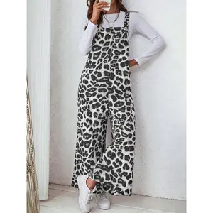 Women's Sporty Casual Leopard Print Pocket Loose Jumpsuit Overalls for Outdoor Sports and Leisure Womenswear