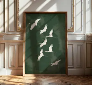 Flying Cranes Japandi Style Print Green White Bird Image Printable Digital Elegant Gallery Wall Art Vintage Japanese Style Artwork