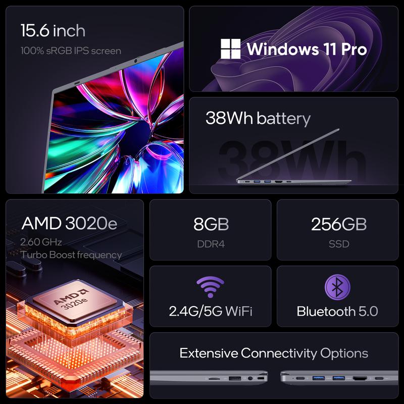 15.6-Inch Laptop with 8GB DDR4 RAM and 256GB SSD AMD 3020e 2-Core up to 2.6GHz Type-C Bluetooth 5.0 WiFi 5 Long Battery FHD IPS Display Lightweight Laptops for Students and Business