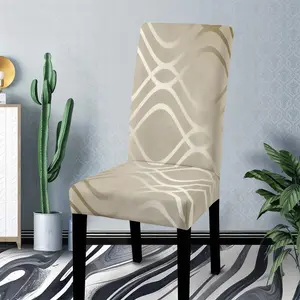 The polyester printed chair cover, Dining chair protector, featuring a beige base with light gray and dark brown wavy line patterns, embodies a minimalist modern style. Ideal for dining or living rooms, elevates ambiance