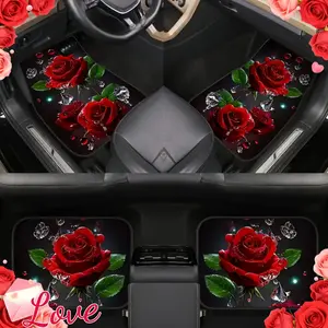 4 Pcs Rose Car Footrest Mat Set, Anti-Slip Polyester-Polyester Fiber, All-Weather Front and Rear Coverage, Perfect Gift, Car Accessory, Car Floor Mats