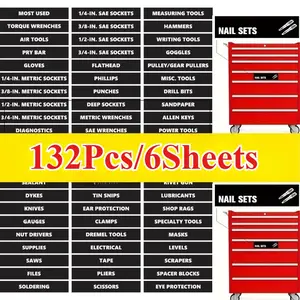 132 heavy-duty toolbox sorting label sets (6 pieces)-SAE/ metric chart with label partition, suitable for classification of garages, workshops, lockers-wrenches, screws, hammers, power tools and fasteners-disposable paper template-Toolbox Labels