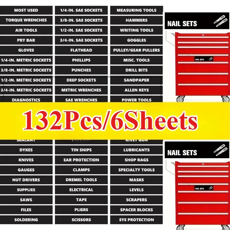 132 heavy-duty toolbox sorting label sets (6 pieces)-SAE/ metric chart ...