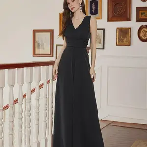 Women's Bridesmaid Jumpsuit - Deep V Neck, Sleeveless, High Waist Wide Leg Pants, Loose Fit Cocktail Romper Dress