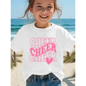 A Cheer Letter and Heart Pattern Print, Girls' Summer Round-neck Short-sleeve T-shirt Top, Fashionable, Comfortable, and Stretchy, for Holiday Activities and Outdoor Wear