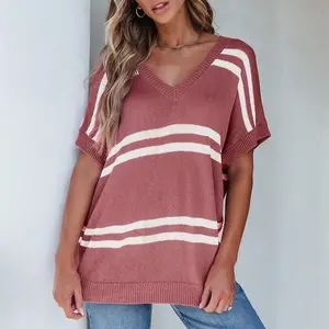 Shewin 2026 SummerVibes Women's Oversized Knit Sweater Pullover - Cute Chic Cozy Striped Crewneck, Batwing/Shortsleeve Options, Stretchy Acrylic Fabric Top, Versatile for Formal Outfits, Pairable with Skirts