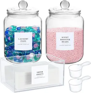 Glass Jars and Dryer Sheet Holder, Dispenser Set with Lids and Labels, Containers for Laundry Room Organization and Storage, Half Gallon Airtight Glass jars, Acrylic Storage Box for Laundry supplies