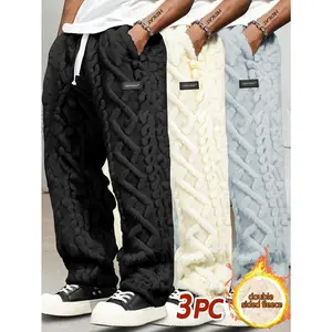 Men's 3-Pack Striped Fleece-Lined Winter Warm Straight Pants, Black+Black+Beige, Drawstring Waist, Loose & Casual Fit Comfy, Lightweight, Menswear for Daily & Outdoor Wear