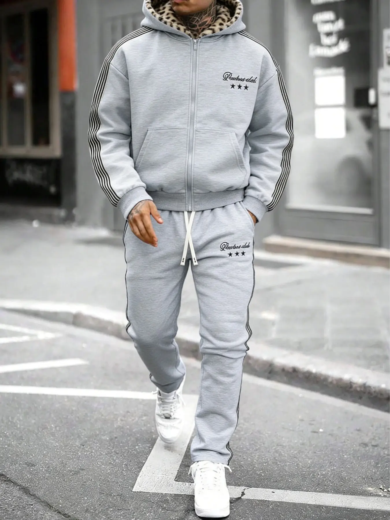 Men's Leopard Print Hoodie Set with Sport Pants, Letter Print Design, Spring & Fall Casual Home Wear, Comfortable and Stylish, Casual Gym Wear, Letter Print Sweatsuit
