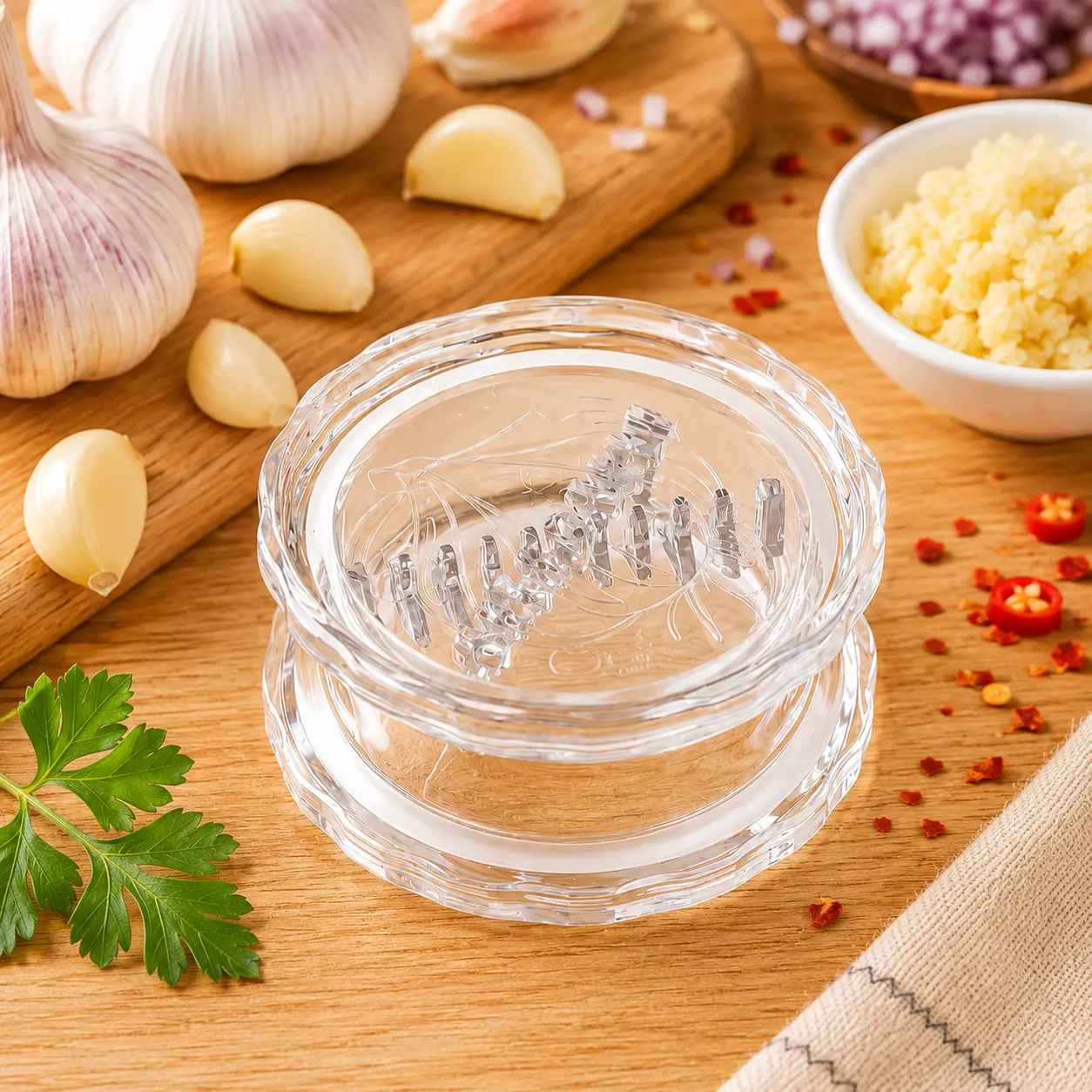 Compact Handheld Manual Garlic Grinder with Grip - Plastic Vegetable Chopper Tool, Cordless, Lightweight, 2-Part Clean Mincer, Portable, Ideal for Garlic Chili Onion, Apartments Dorms Use