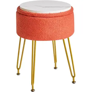 Teddy Velvet Storage Footrest Stool Ottoman, Makeup Vanity Stool Side Table with Removable Cover, Golden Steel Legs, Coffee Table Top Cover, Orange WBD010J