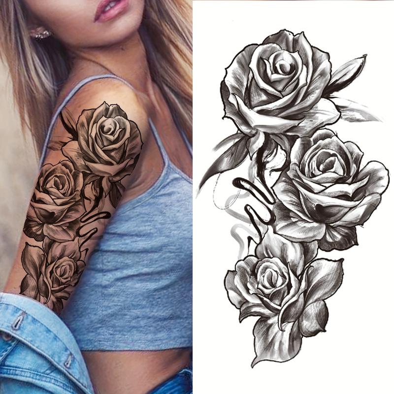 Women's Realistic Black Floral Green Leaf Temporary Tattoos - 6 Stickers (3 Fixed, 3 Random), PVC Glitter, Butterfly Accents, Waterproof, Long-Lasting, Unscented, Fashion Normal, No Battery Needed, For Children, Beauty & Personal Care Tattoo Art