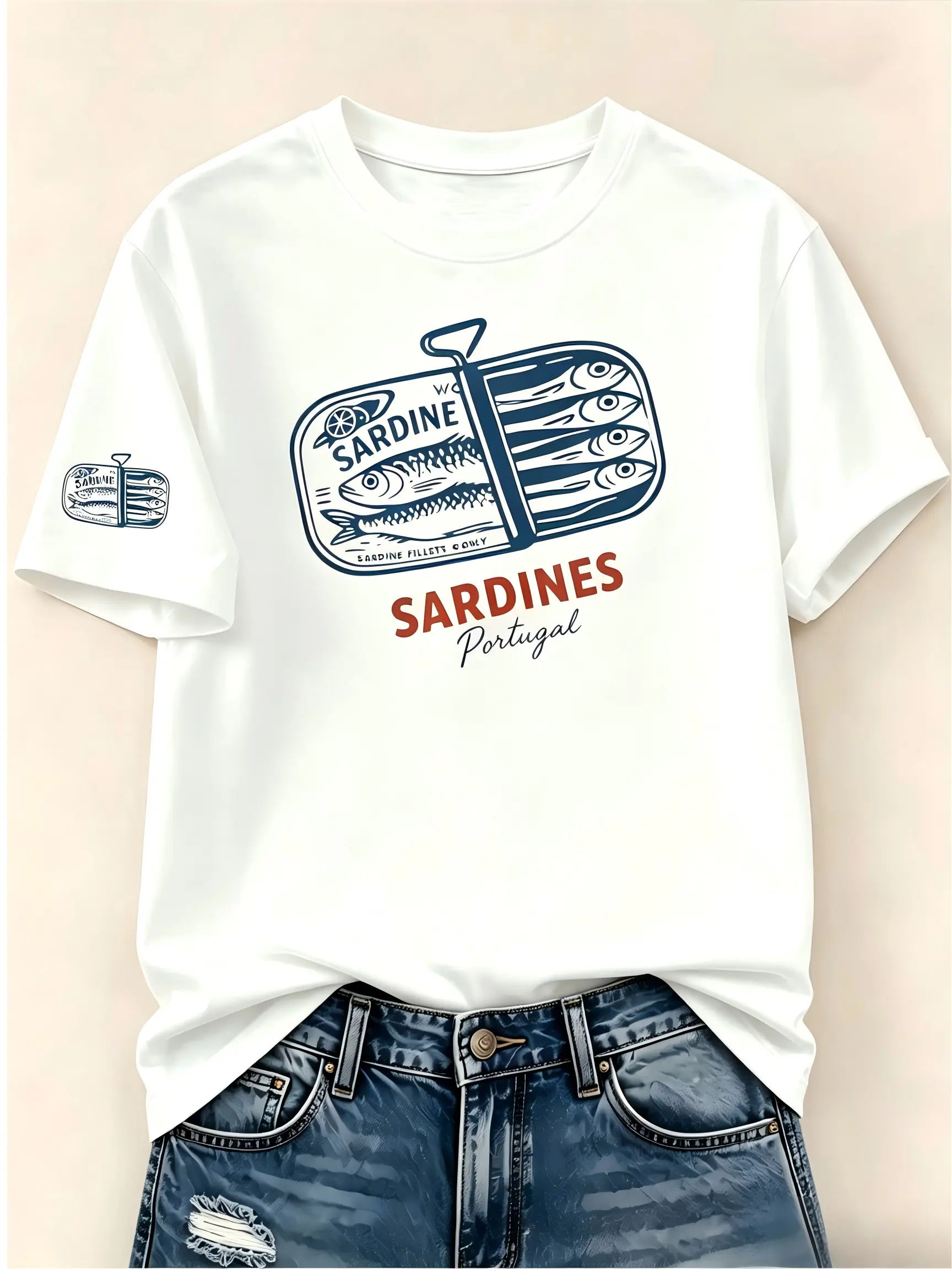 Vintage Portugal Sardine Can Sleeve Print Pure Cotton Crewneck T-Shirt, Retro Ocean Food Casual Short Sleeve Top, European Travel Daily Outfit
