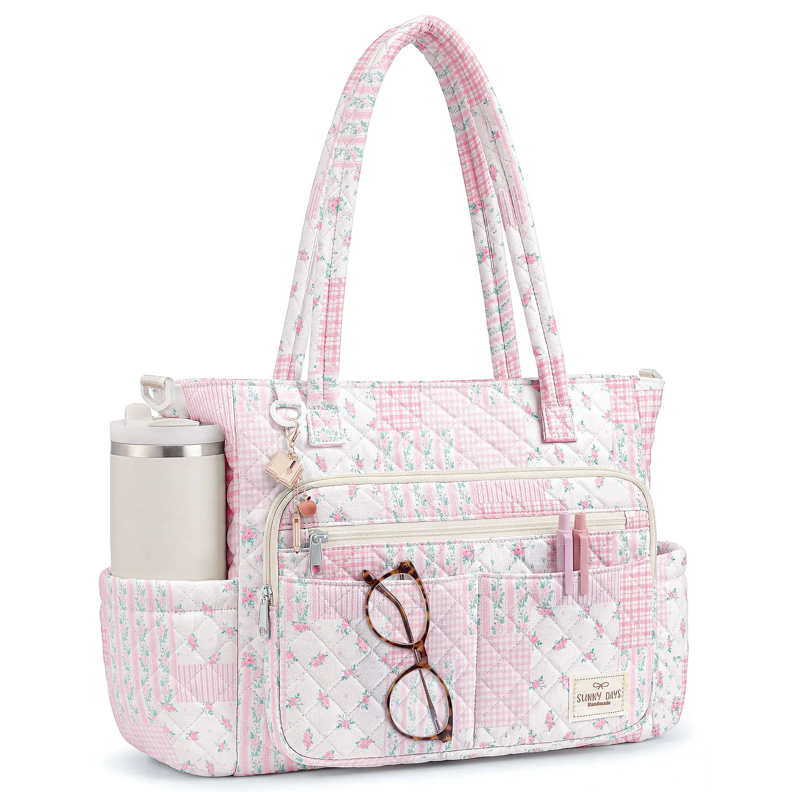 WOBAGMEN Teacher Tote Bag for Women, Quilted Floral Laptop Work Tote | with 40 oz cup holder, 15.6" elegant laptop bag with organized laptop storage, quilted Bible nurse bag with 40 oz cup holder